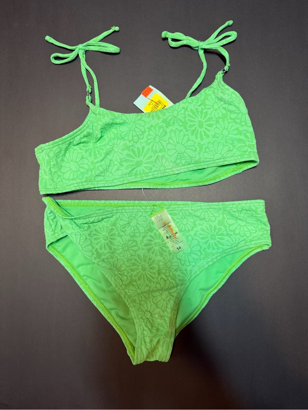 Green Floral Texture Tie-Shoulder Bikini Set - Girls Swim - Tilly’s - Size 14